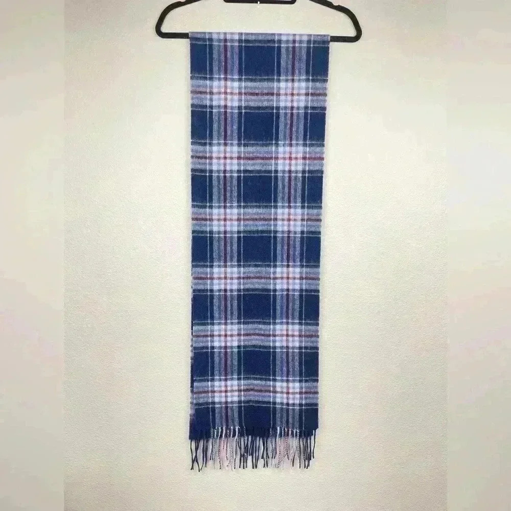 MONOPRIX Unisex One Size 100% Wool Fringe Scarf Blue Plaid Minimalist Essentials